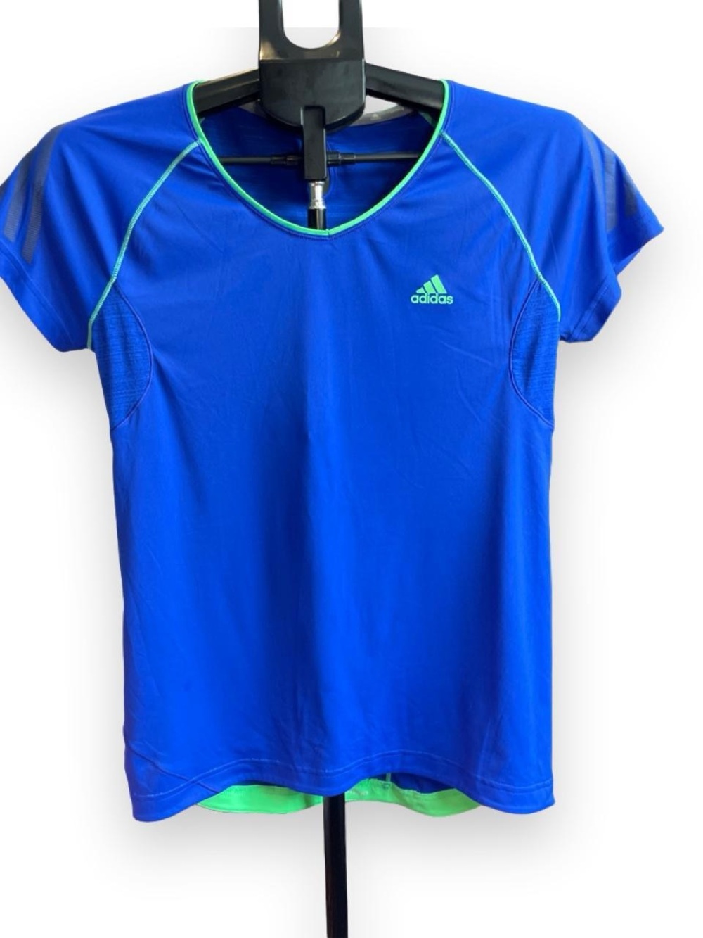 adidas Women’s Royal Blue Athletic V-Neck Tee with Neon Green Trim